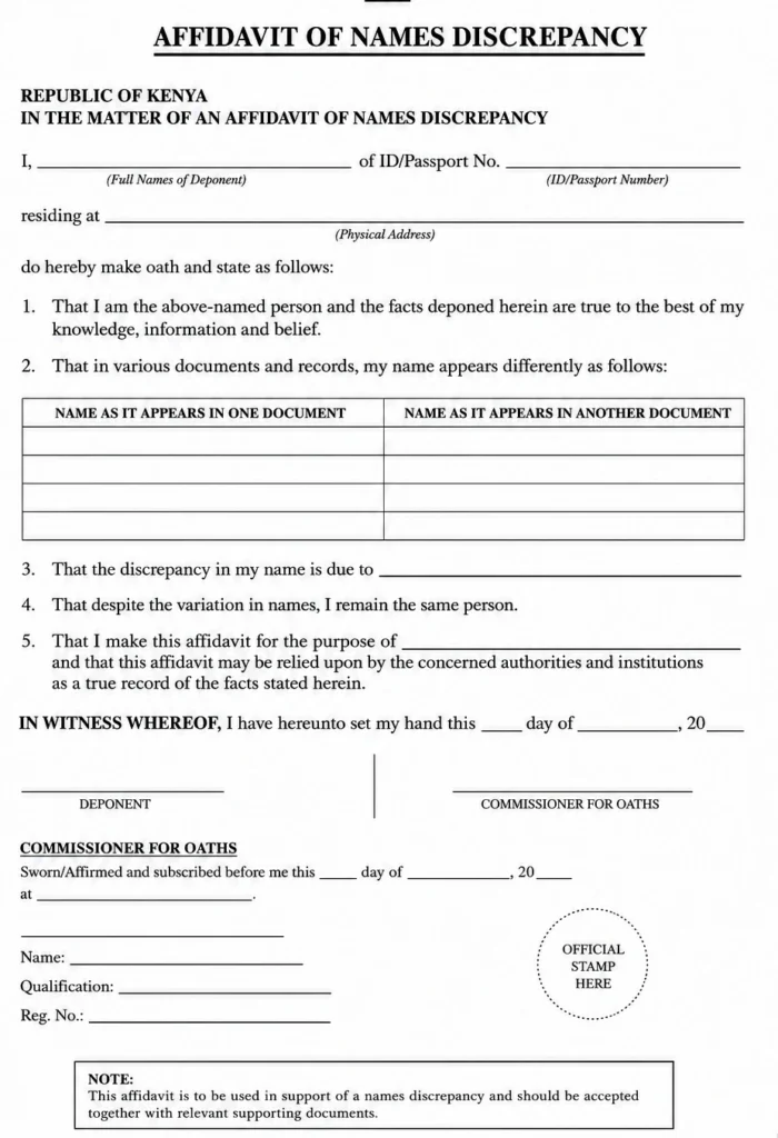 Affidavit of Names Discrepancy Template