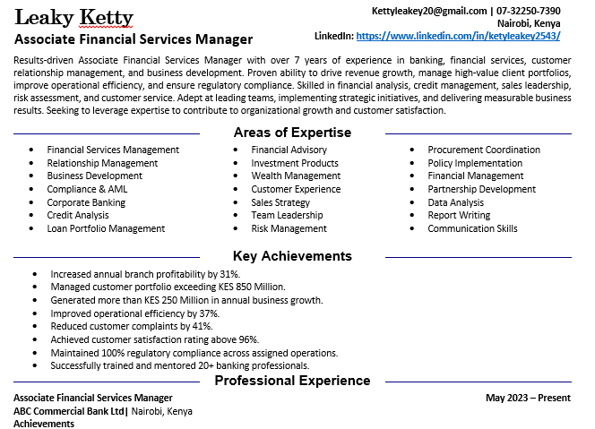 Associate Financial Service Manager CV Sample