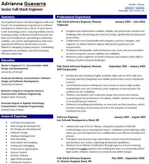Senior Full Stack Engineer Resume Template