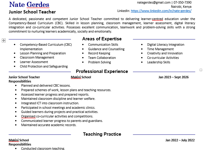 Junior school teacher CV