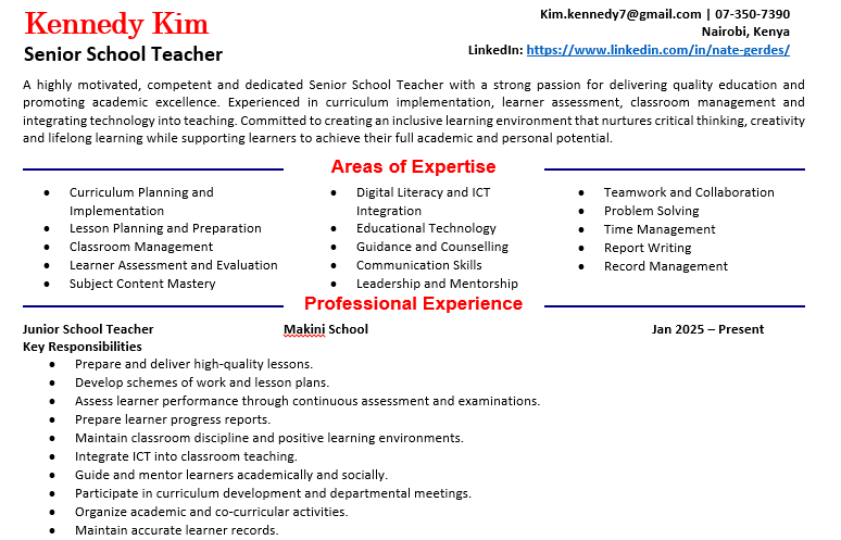 Senior School Teacher CV Template