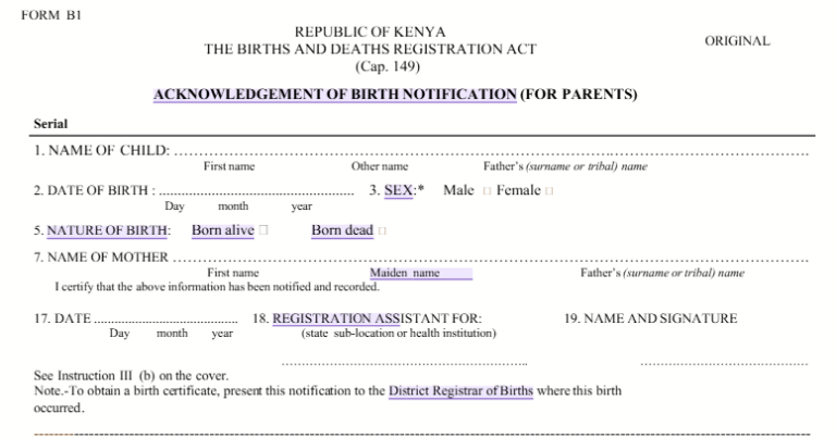 Download Kenya Birth Notification Form B1 PDF - JO-TECH Cyber