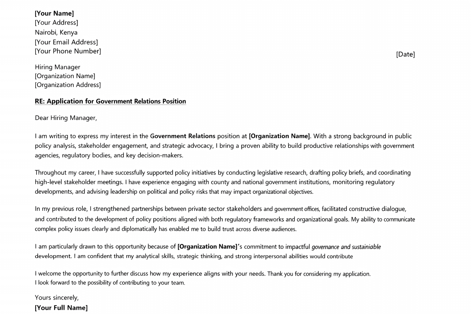 Government Relations Position Cover Letter