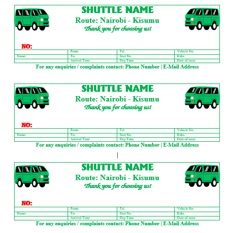 Printable Shuttle receipt template word
